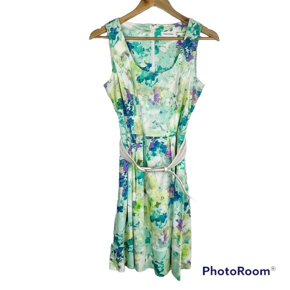 EUC Calvin Klein Floral Fit & Flare Dress with Belt - Picture 1 of 9